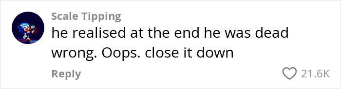 Social media comment about restaurant owner&rsquo;s unprofessional customer-shaming, with 21.6K likes.