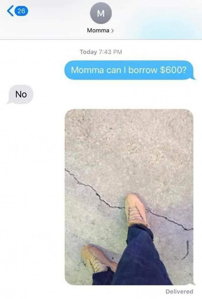 Text message conversation showing a request to borrow money and a photo, part of funny memes to help insulate from noise.