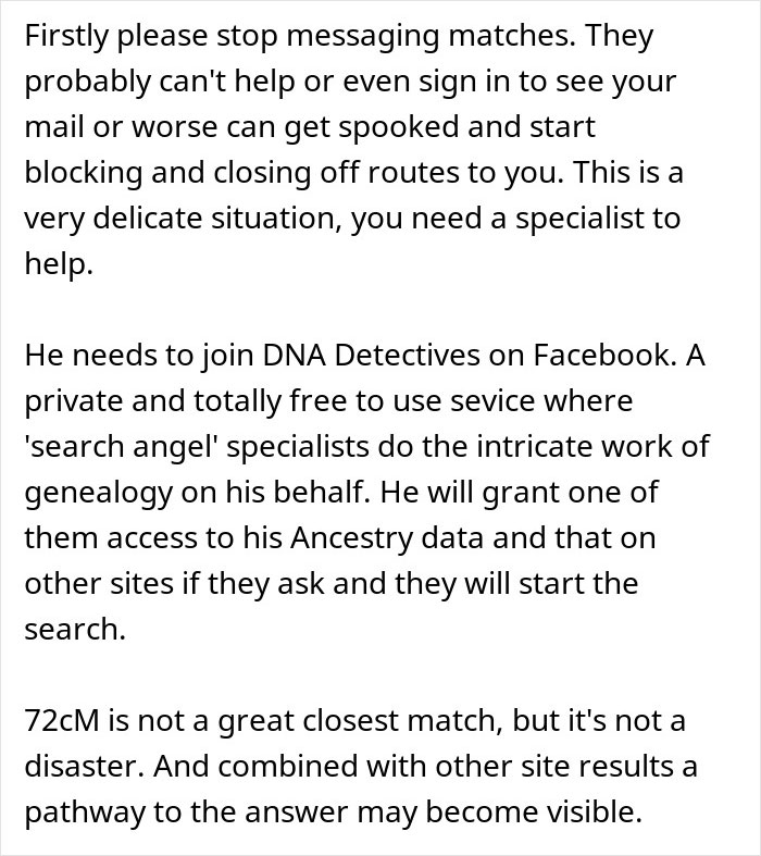 Text guidance on handling surprising family DNA results, including joining Facebook's DNA Detectives for specialist help.
