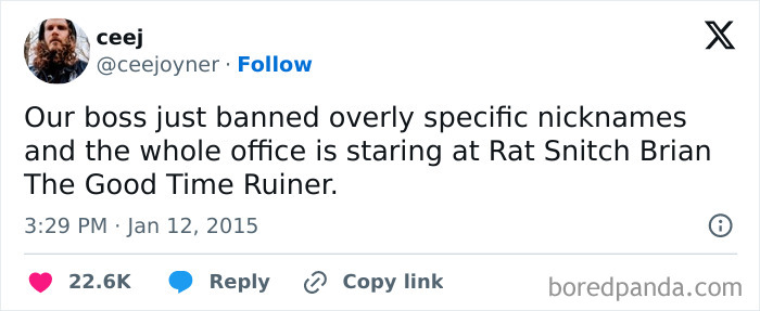 Tweet about funny, relatable work meme banning specific nicknames, poking fun at office dynamics.