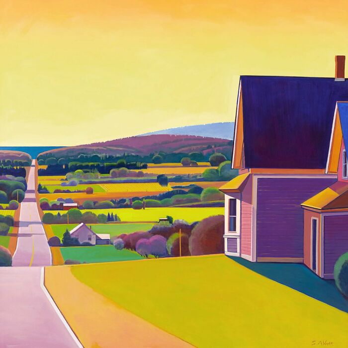 Painting of a quiet street and sunlit window by Susan Abbott, featuring a vibrant landscape and house.