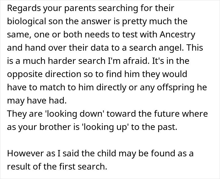 Text on DNA results advising parents seeking biological son through Ancestry testing and search angel.