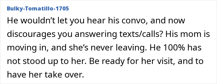 Text exchange about MIL staying long-term unexpectedly with son, causing tension. Text exchange about MIL staying long-term unexpectedly with son, causing tension.