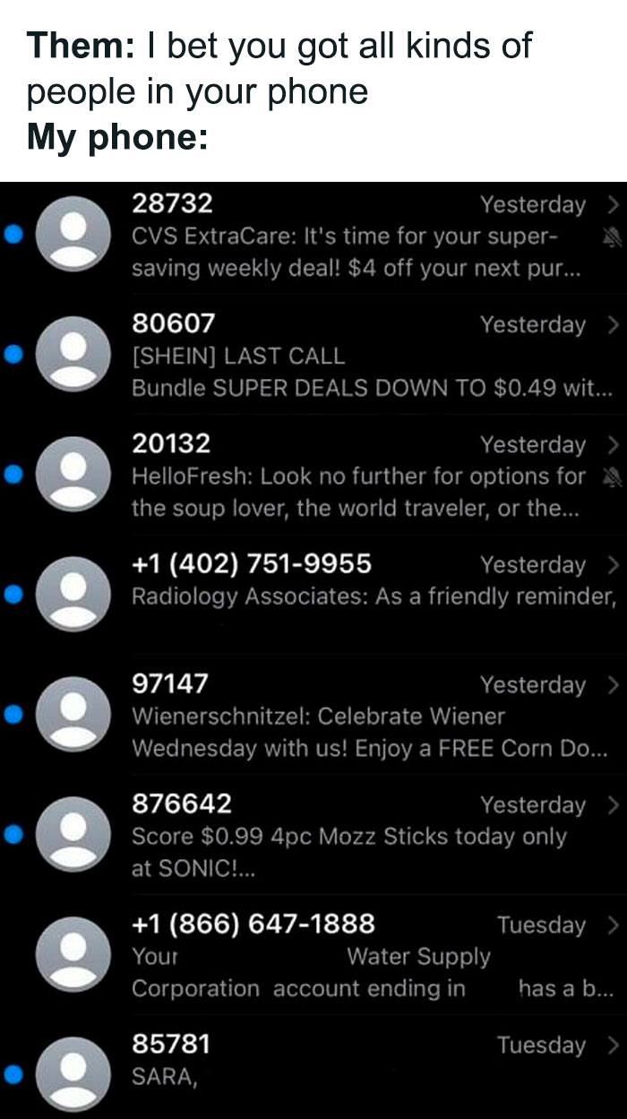 Funny meme showing spam messages listed in a phone contact list instead of people's names.