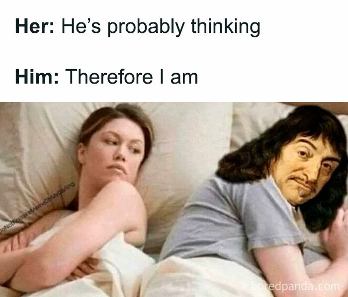 Woman in bed looking at man with painting face, illustrating a philosophy meme about existence.
