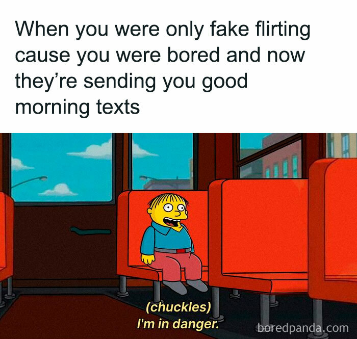 Cartoon character sitting nervously on a bus with caption “I’m in danger,” illustrating a funny meme.