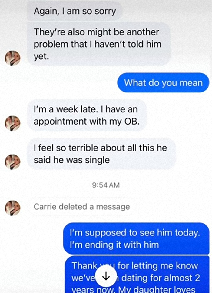 Text conversation revealing a boyfriend's infidelity, pregnancy results discussed.