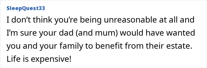 Screenshot of an online comment discussing feeling guilty about inheriting a late father’s estate and family benefits. Screenshot of an online comment discussing feeling guilty about inheriting a late father’s estate and family benefits.