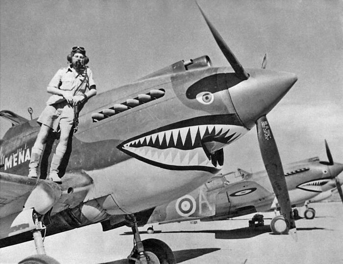 Pilot standing on WWII fighter plane with shark face design.