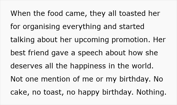 Text describes a situation where a birthday celebration shifted focus to someone else's achievements.