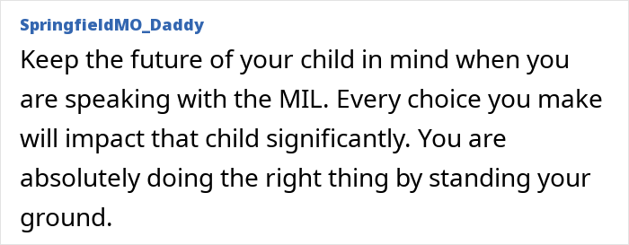 Text advice about communicating with MIL regarding child’s future decisions. Text advice about communicating with MIL regarding child’s future decisions.