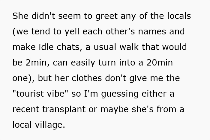 Text excerpt discussing locals and tourist vibe related to an unknown person, hinting at an angry owner and plant thief.