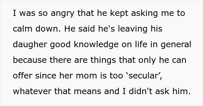 Text excerpt discussing a woman feeling angry about her boyfriend's plans for his daughter to be heiress.