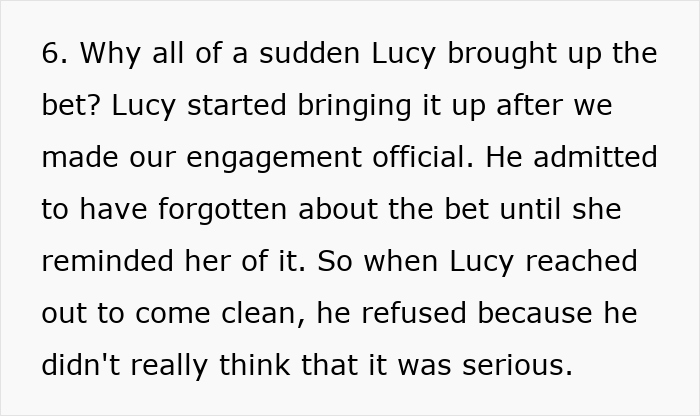 Text discussing a bet involving the bride's fianc&eacute; and her best friend, revealed after engagement announcement.