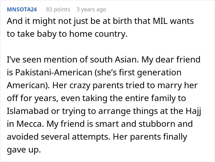 Text about MIL wanting to take baby to home country, shared by user MNSOTA24 three years ago on a public forum.