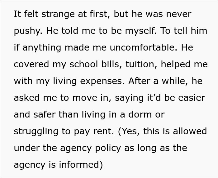 Text describing the supportive relationship between a woman and her sugar daddy.