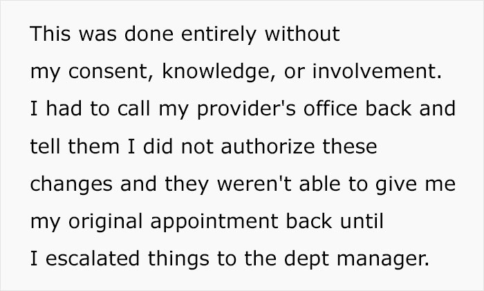 Text detailing an appointment canceled without consent, requiring escalation for resolution.