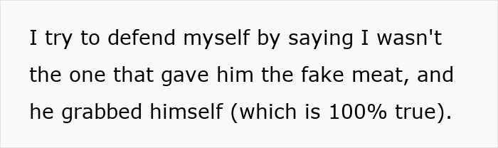 Text sharing a story about a FIL's reaction to eating vegetarian meatballs and confronting his son&rsquo;s fianc&eacute;e.