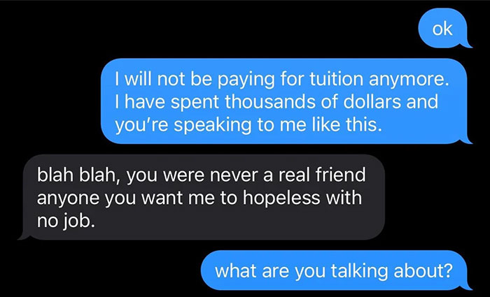 Text message exchange showing friendship in shambles over financial and personal conflicts.