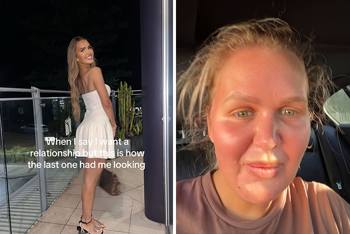 Woman smiling in a white dress on a balcony; another photo shows her casually in a car, capturing single vs. relationship looks.