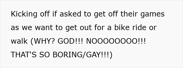 Text screenshot showing a reaction to stepkids refusing to pause their games for outdoor activities.