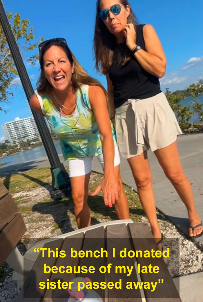 Two upset women gesturing near a park bench, with a quote about a donated bench visible.