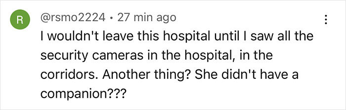 Comment about pregnant woman having twins, questioning hospital security and lack of companion.