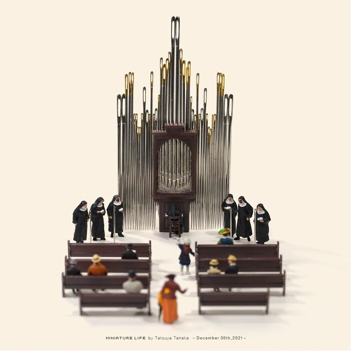 Miniatures depicting a church scene with nuns and an organ made of forks, creating a secret world atmosphere.