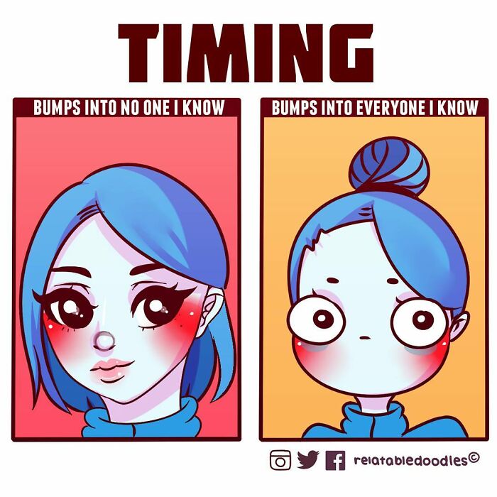 Relatable comic showing everyday life with two panels: confident girl bumps into no one, surprised girl bumps into everyone.