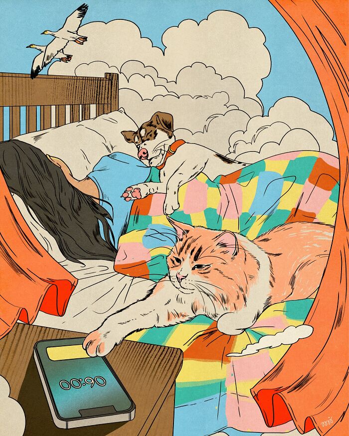 A vibrant illustration by María Jesús Contreras of a cozy scene with a person, a dog, and a cat sleeping.
