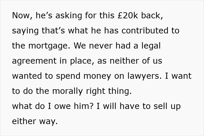 Text detailing end of relationship and demand for over $25,000 to cover mortgage contributions without legal agreement.