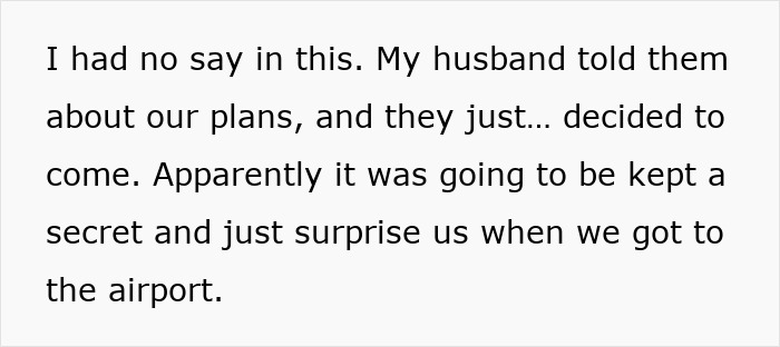 Text screenshot about a mom surprised by husband's friends joining family vacation.