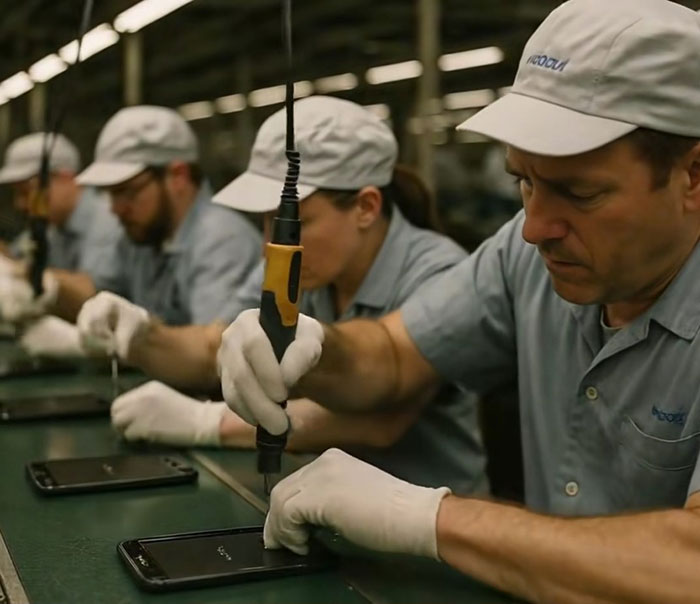 Factory workers assembling electronics, related to Chinese artist's video on US tariffs. Factory workers assembling electronics, related to Chinese artist's video on US tariffs.