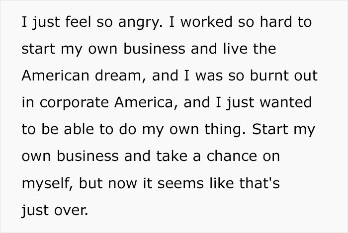 Text from a small business owner in the US expressing concern over tariffs impacting her company.