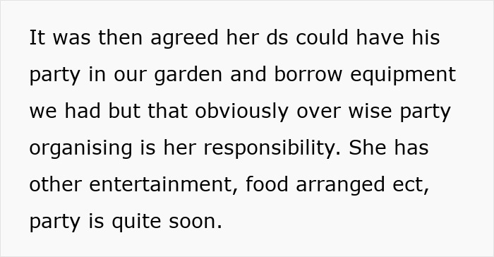 Text screenshot about a son's party arrangements in a garden venue.