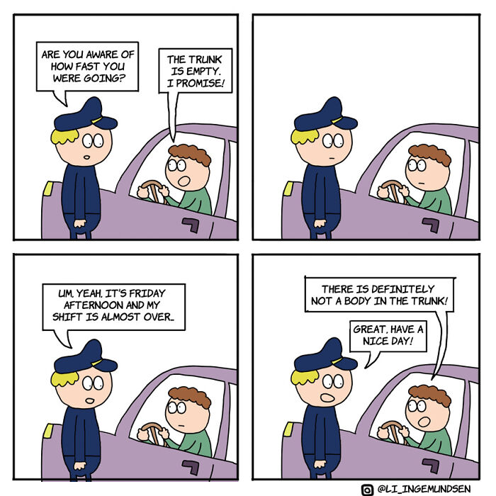 Comic with dark twists showing a police officer questioning a driver about the trunk, part of funniest comics with dark twists.