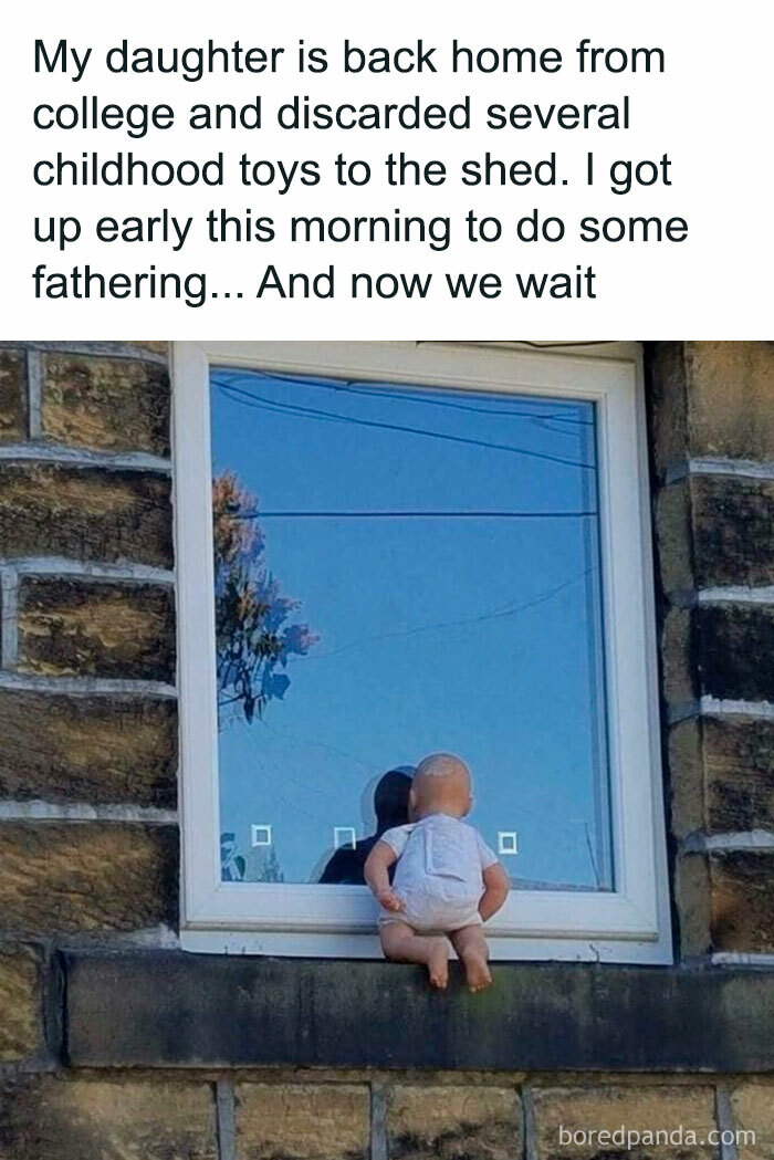 A baby doll humorously placed on a window ledge, reflecting relatable parenting memes.
