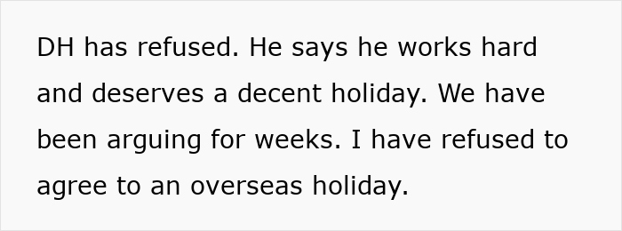 Text discussing a couple in mortgage dispute over an expensive holiday.