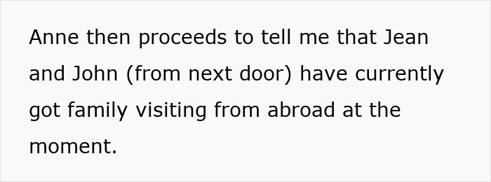 Text image about neighbors' family visiting from abroad.