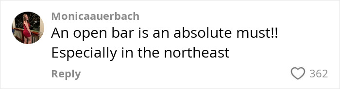 Comment about open bar necessity at weddings, highlights preference amid wedding controversy. Comment about open bar necessity at weddings, highlights preference amid wedding controversy.