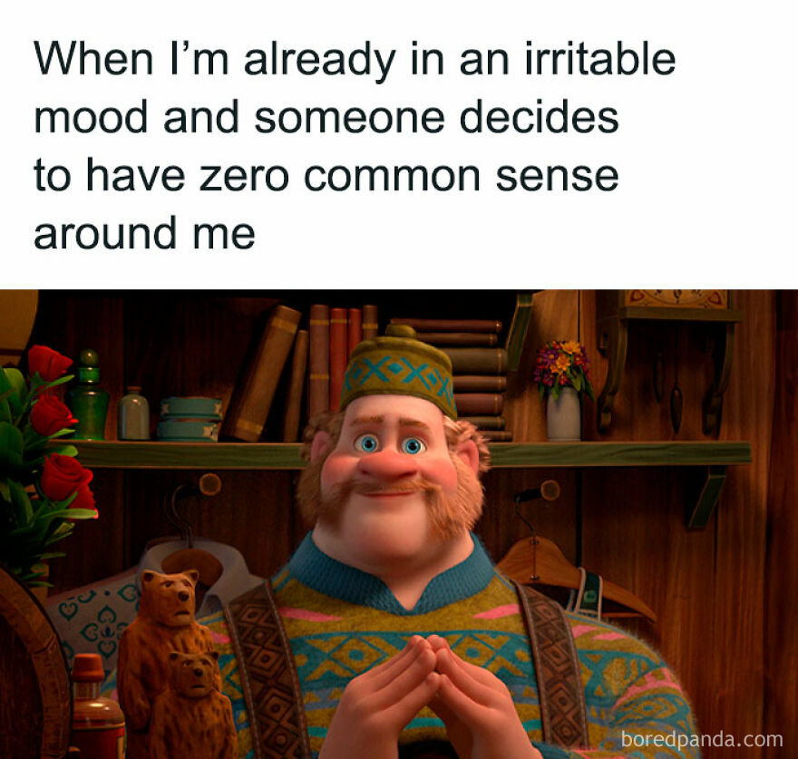 Animated character in a colorful sweater, expressing irritation about common sense, in a humorous girl posts meme.
