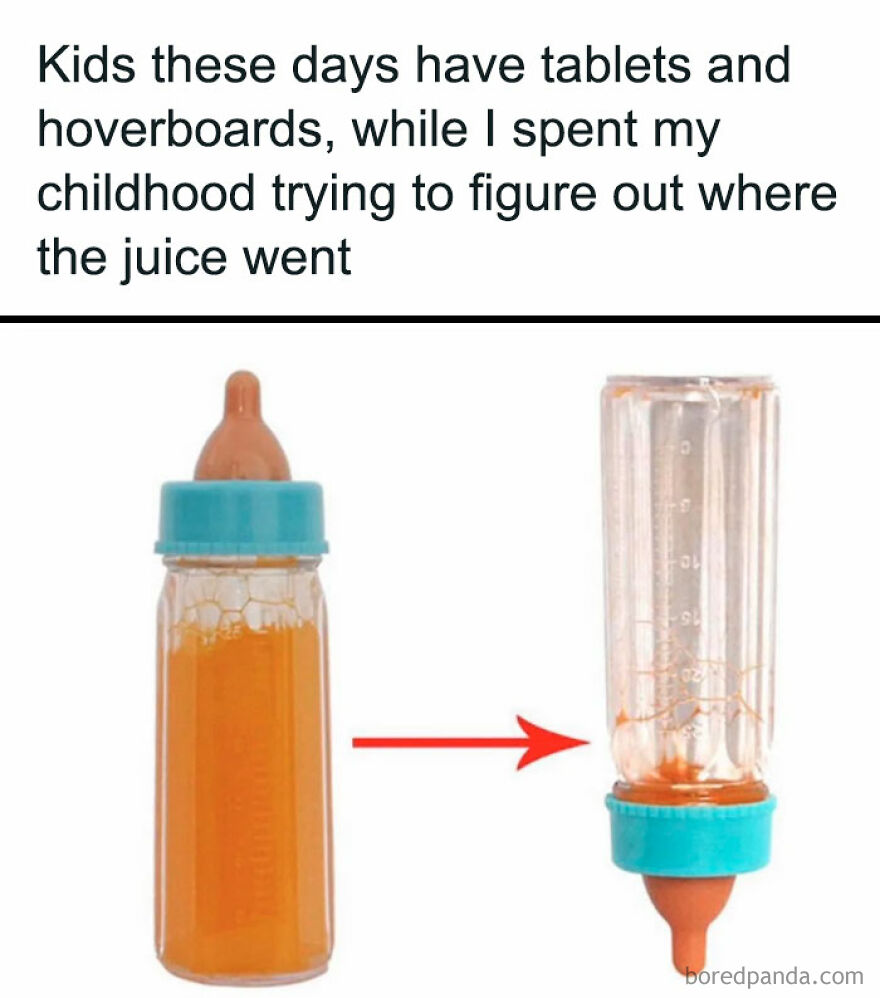 Vintage baby bottle humor comparing childhood experiences to modern tech.