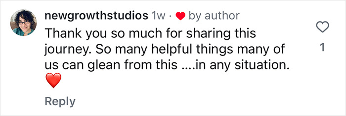 Comment by newgrowthstudios appreciating shared journey, featuring a red heart emoji.