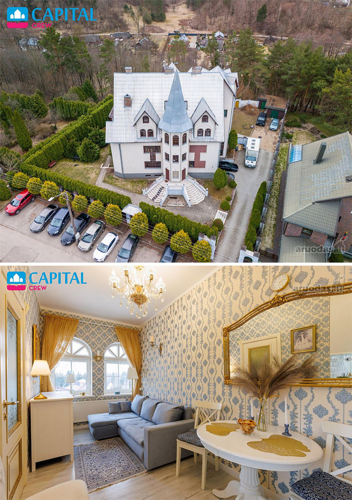 Aerial view and elegant living room of a unique real estate property with classic decor and detailed wallpaper design.