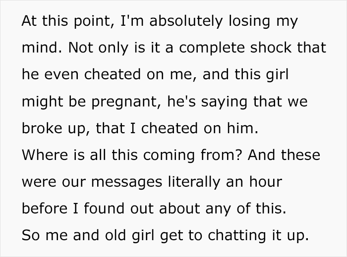 Text reveals woman's shock at boyfriend's cheating and pregnancy news from another woman, expressing disbelief and confusion.