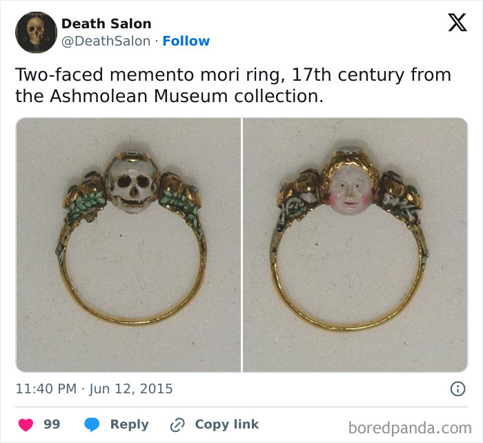 Two-faced memento mori ring, 17th century artifact in Ashmolean Museum collection.