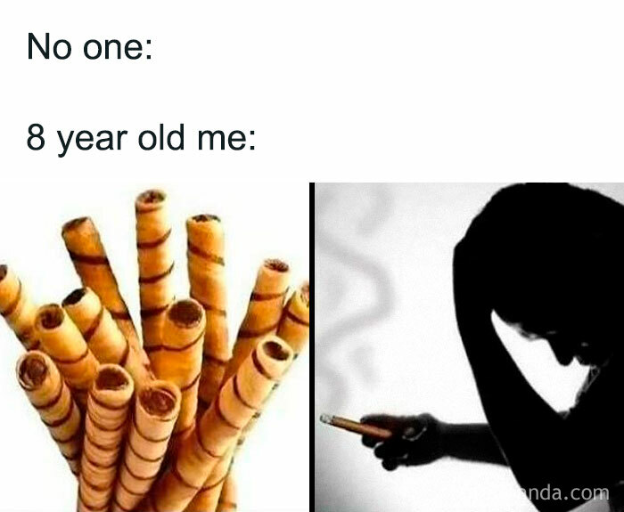 Crunchy philosophy meme showing wafer rolls alongside a person mimicking smoking with one, humorously questioning existence.