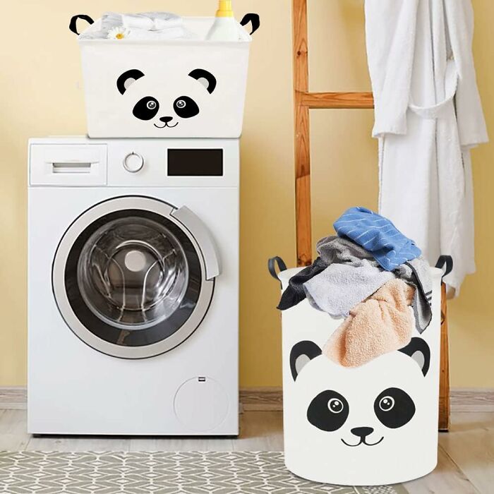 Laundry room with panda-themed baskets beside a washing machine.