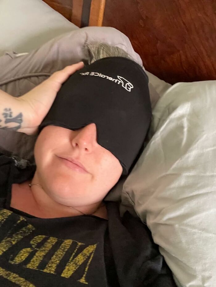Woman relaxing with an eye mask, showcasing a practical last minute Mother's Day gift idea at home.