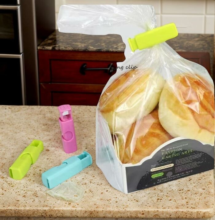 Bag of buns sealed with a colorful clip from Amazon haul on a kitchen counter.